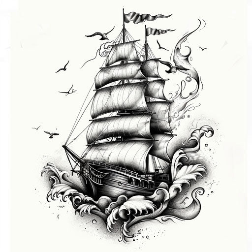 Vintage engraving of a tall ship surrounded by swirling waves
