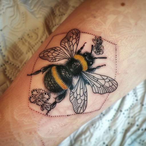 Bumble bee tattoo with lace pattern on white background