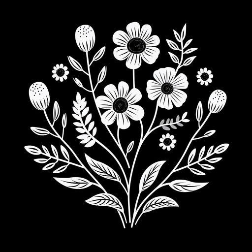 Black and white flower outline, naive art style, minimalist illustration
