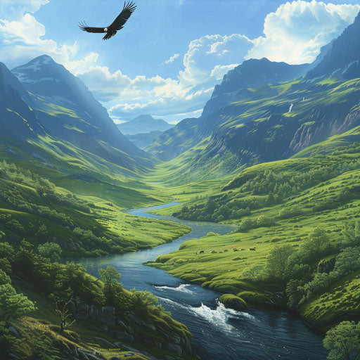 Bald eagle flying over tranquil river in lush valley