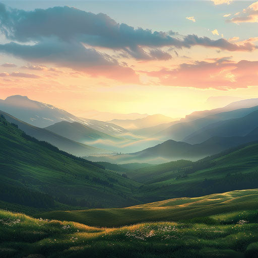 Valley clipart in photorealistic style with a flat random background, ethereal glow and soft edges