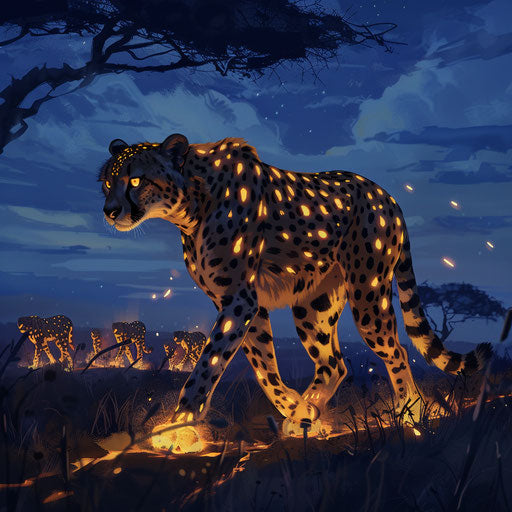 A cheetah with glowing markings leads a nocturnal procession