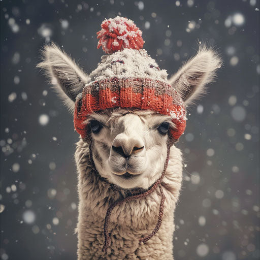 Festive alpaca in knitted hat for winter