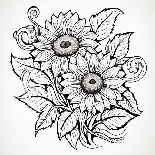 Sunflower and flowers coloring page in whiteline illustration