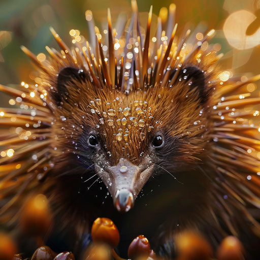 Echidna with dewdrops on quills, soft and gentle