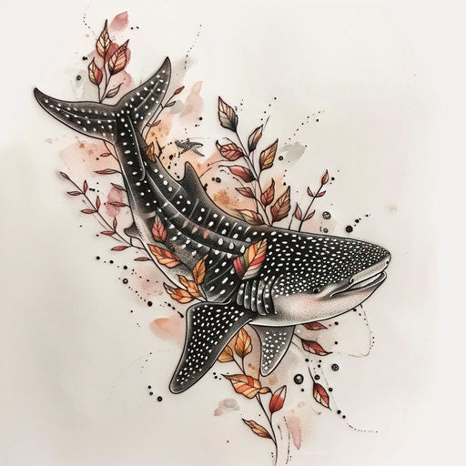 Nature-inspired flat tattoo sketch of a whale shark amidst a kelp forest with detailed leaves