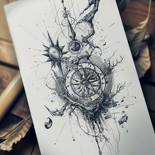 Elegant tattoo sketch of The Wheel of Fortune on white canvas