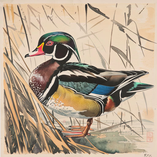 Duck perched on one leg in wetland