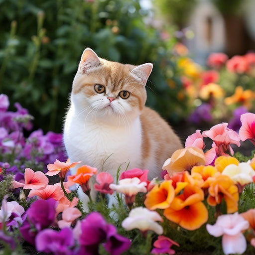 Exotic cat in a bed of beautiful flowers