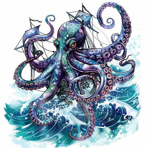 Realistic octopus sailor tattoo on white background