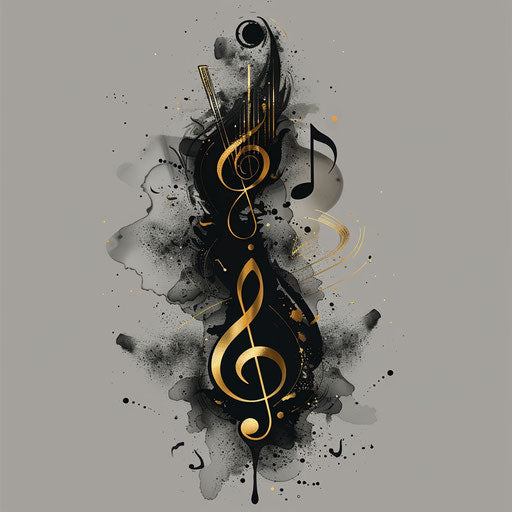 Flat tattoo sketch inspired by music, notes and clefs in black and gold