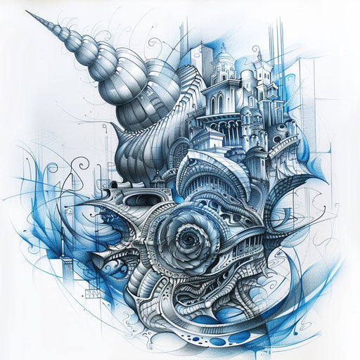 Giant shell with cityscape, clipart style, blues and grays