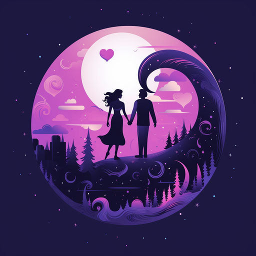 A couple holding hands under a purple and pink crescent moon, romantic themes
