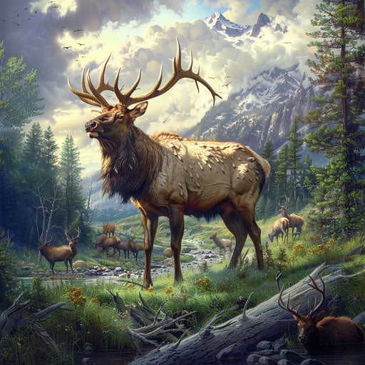 Majestic elk guarding herd in lush green clearing