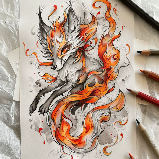 Flat tattoo sketch of a fiery kitsune