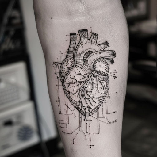 Cyberpunk style anatomical heart tattoo on white background