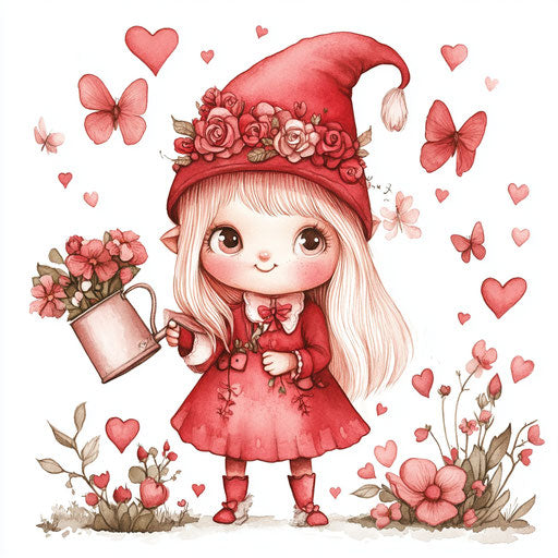 Pink gnome girl with watering can and heart butterflies