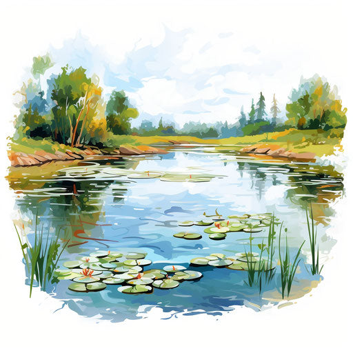 Pond illustration in the style of Oil painting, on white background