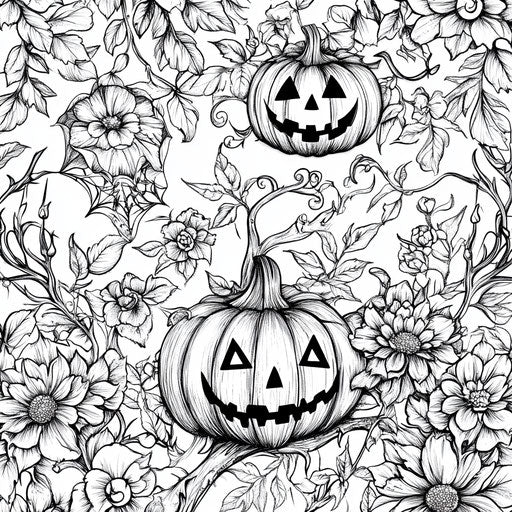 Happy Halloween with detailed floral designs and intricate patterns in the style of Johanna Basford