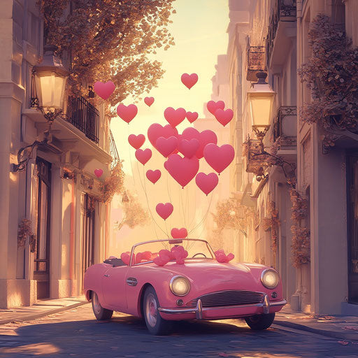 Pink car with heart balloons driving through romantic city