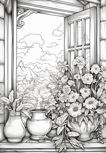 Coloring page of flowers on the windowsill
