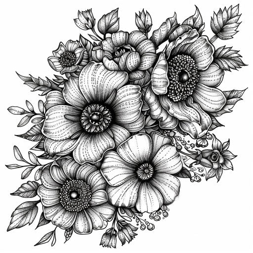 Grunge art tattoo with intricate floral patterns, Teagan White style, whimsical and detailed, coloring book page