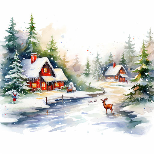 Merry Christmas and Happy New Year clipart in Impressionistic Art style, on white background