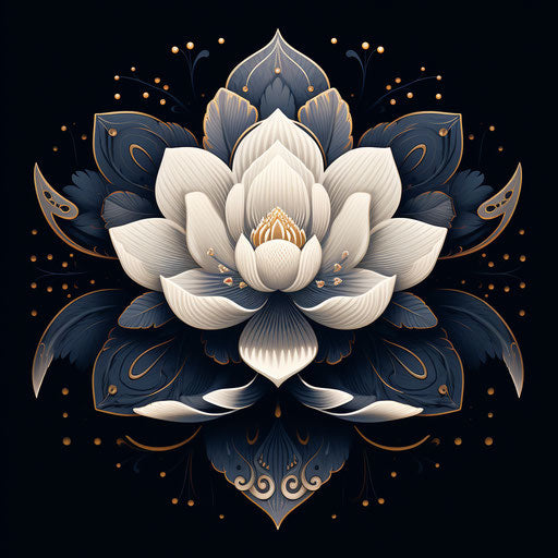 Lotus flower in black and white, folk-inspired style drawing