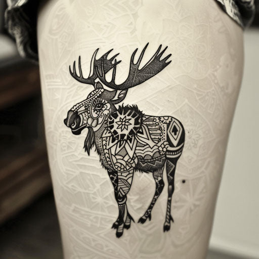 Cultural flat tattoo sketch of a moose with traditional Scandinavian patterns