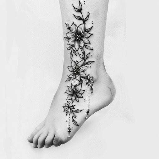 Flat clipart style tattoo sketch of an ankle bracelet with delicate flowers and vines