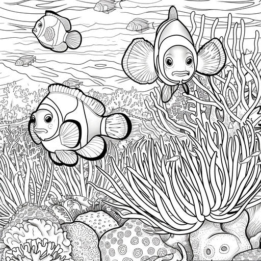 Vibrant coral scene with clownfish and anemone. Coloring book page