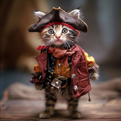The cat in pirate costume stands in light brown and maroon style