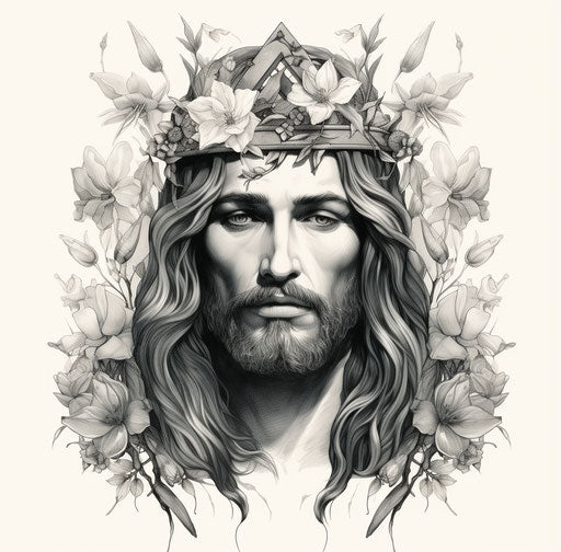Christ with crown of roses and lilies tattoo illustration