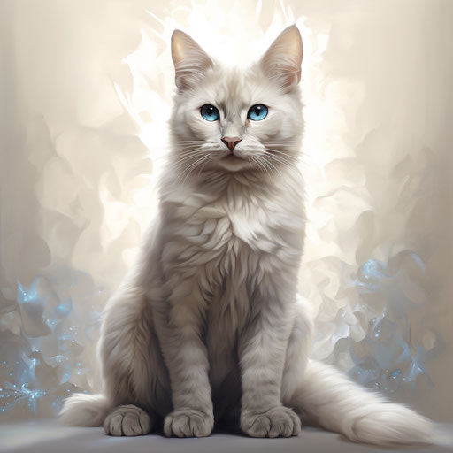 Grey cat sitting on white background, dark beige & sky-blue