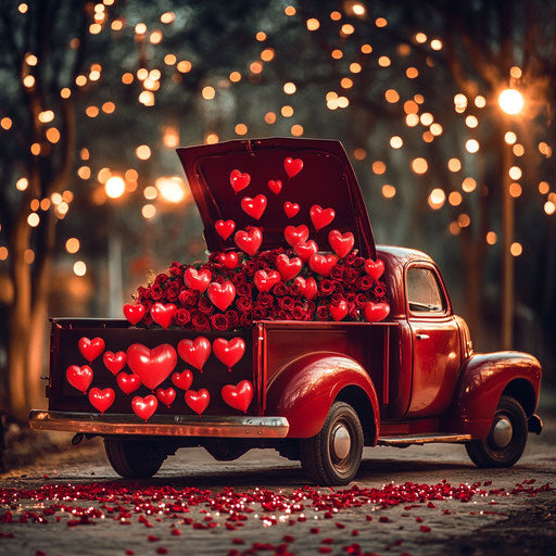 Vintage red truck filled with heart-shaped balloons and roses