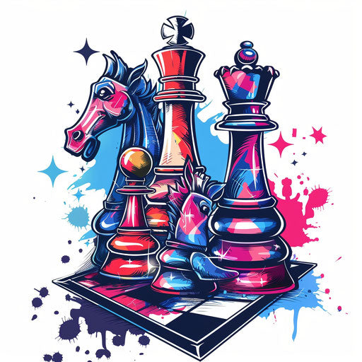 Flat tattoo sketch of chessboard and pieces, vibrant colors