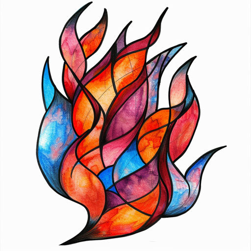 Flame tattoo design stained glass style, bright colors, white background