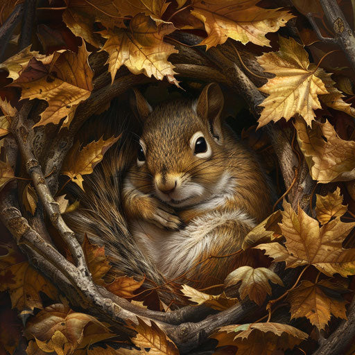 A squirrel in a cozy nest of leaves in the style of Aaron Blaise