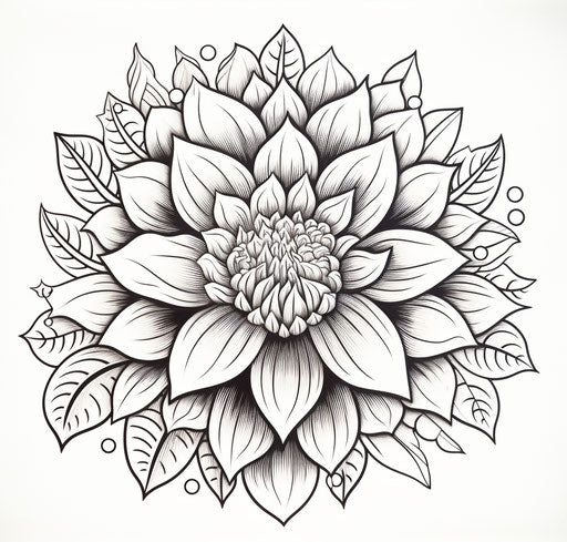 Floral mandala coloring: strong negative space, hatching detail