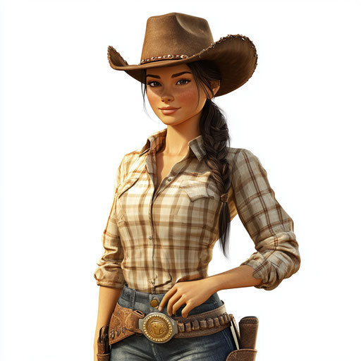 3D cowgirl in photorealistic style with flat white background, isolated clipart