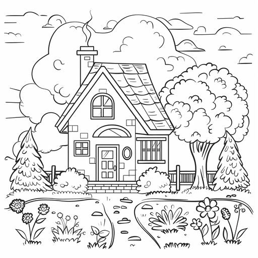 House with garden and tree for coloring by kids
