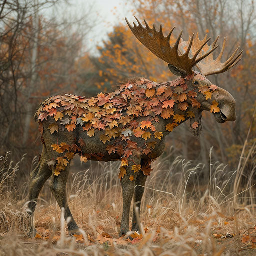 A moose made of autumn leaves, blending into the scenery