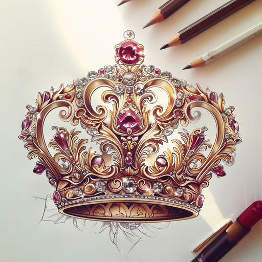 Elegant sparkle tattoo sketch of an ornate crown with glittering jewels in rich gold and ruby tones