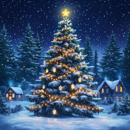 Beautiful Christmas tree under starlit sky in Kinkade style