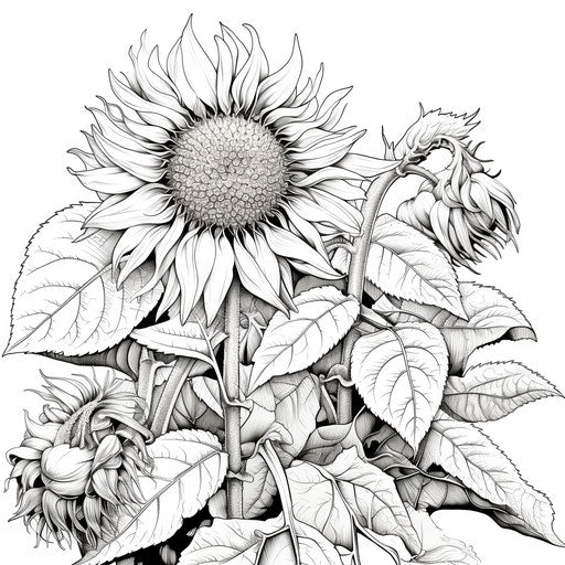 Sunflower coloring page with leaves, artist style, eccentric