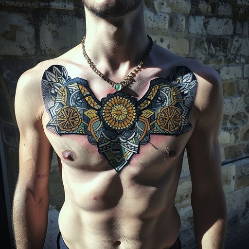 Intricate geometric chest tattoo for men