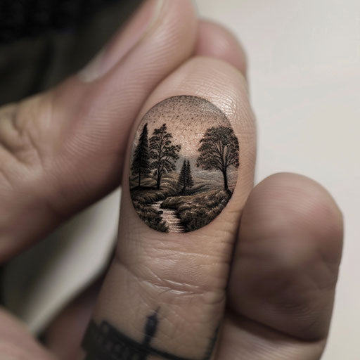 Finger tattoo depicting a surreal mini landscape