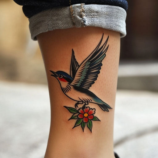 Ankle tattoos for women with a traditional swallow in flight, in the style of Sailor Jerry
