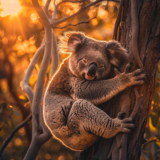 Koala lounging in a eucalyptus tree at golden hour