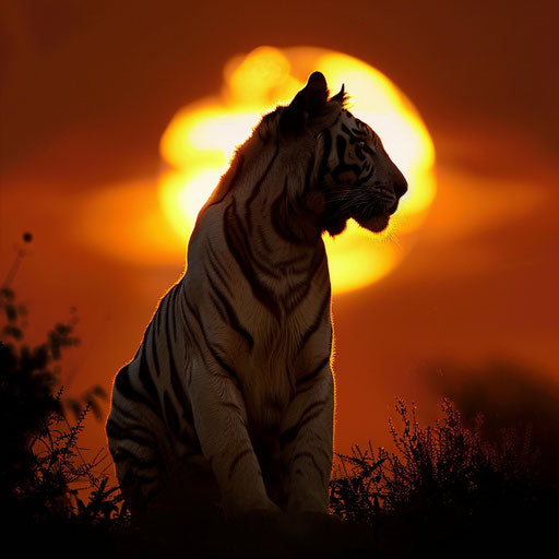 Silhouette of white tiger at sunset